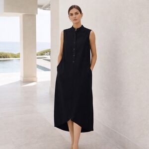 Ayrtight Black Sleeveless Cotton Blend Dress Minimalist Button Front Midi Shift